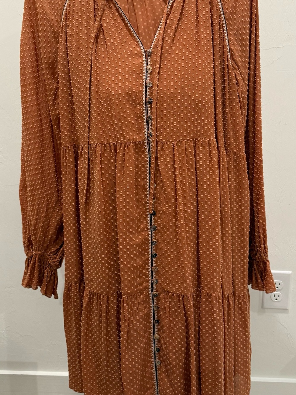 Johnny Was Rust Orange Tiered Long-Sleeve Button Dress